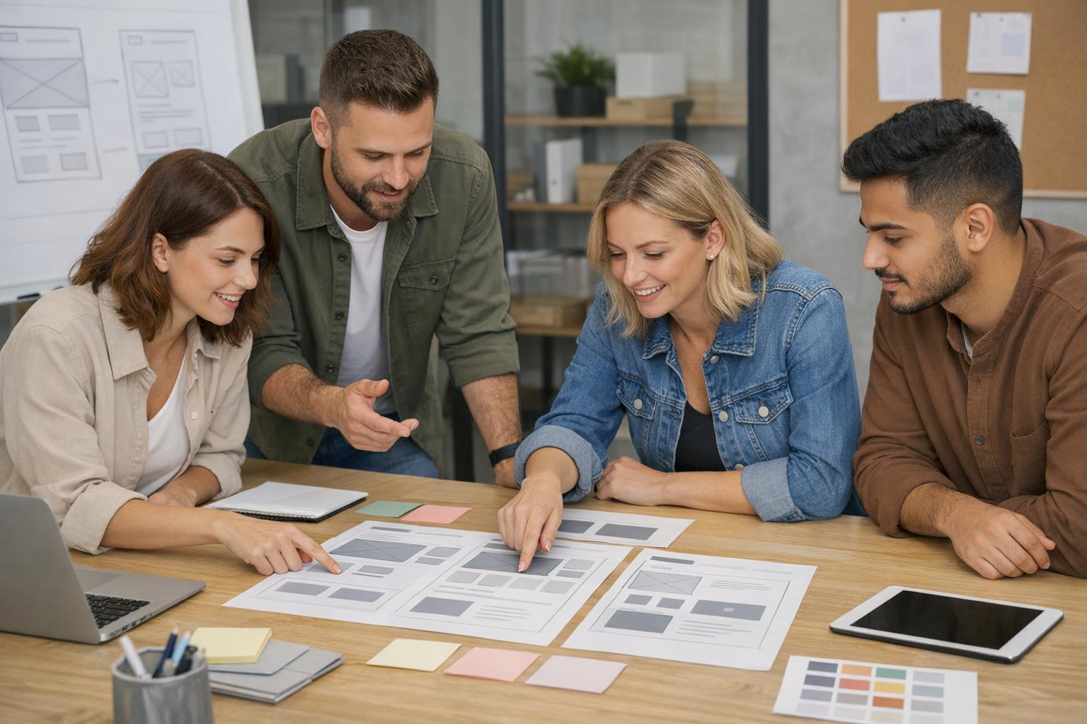 Zdjęcie: zespół projektantów omawiający makietę strony