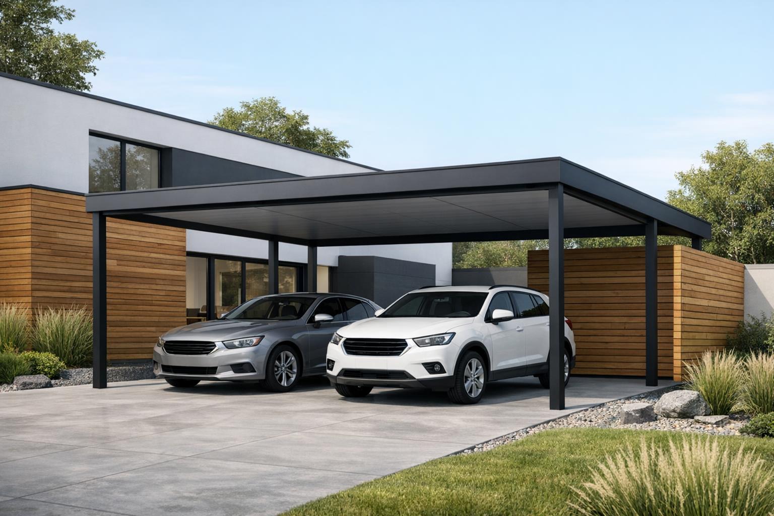 Minimalistyczna wiata Carport przy nowoczesnym domu z drewnianymi elementami
